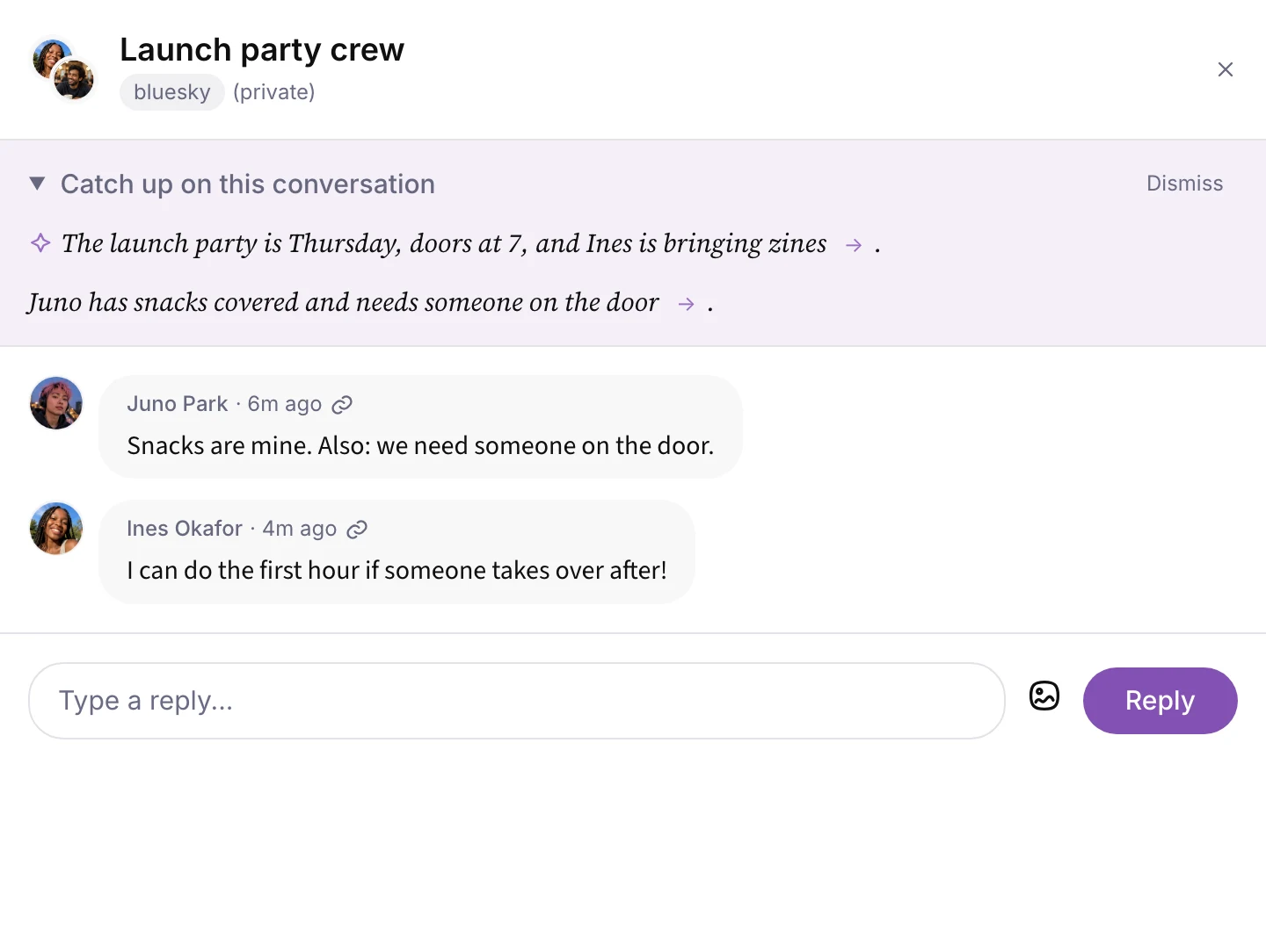 A group conversation in Mima with the catch-up panel open: an AI summary, set in serif italic and led by a sparkle, with arrows linking to the messages it cites